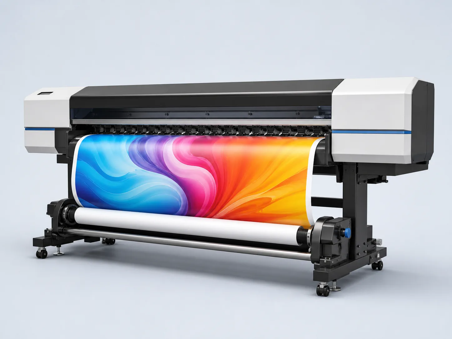 Ilustração de um plotter de grande formato com impressão colorida em rolo