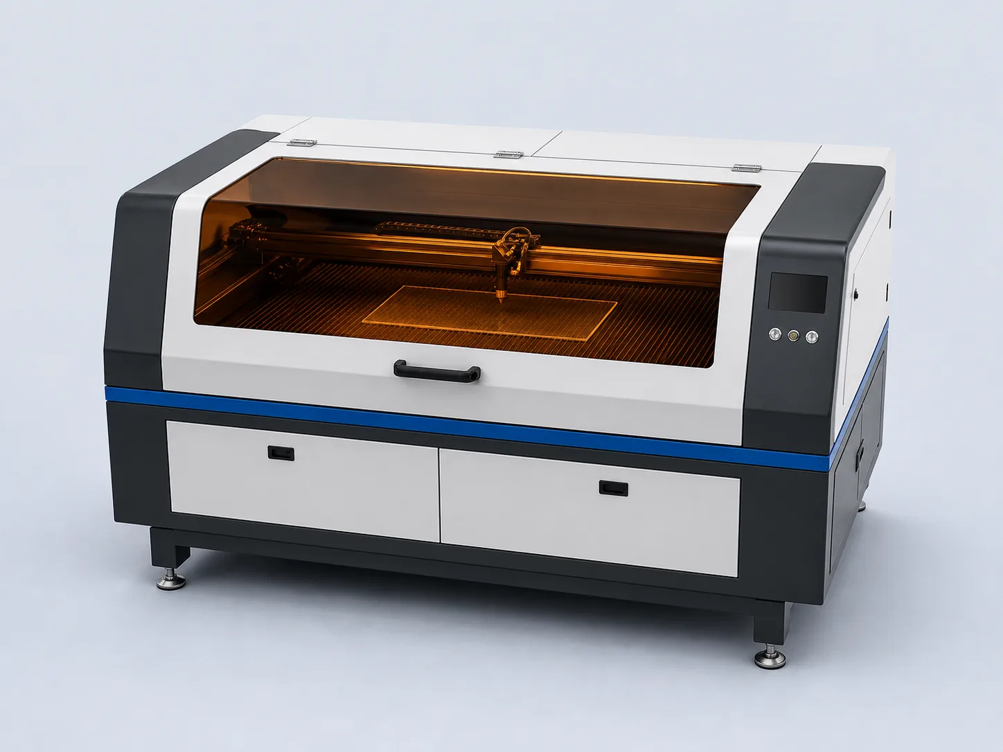 Ilustração de uma máquina de corte a laser com tampa protetora fechada