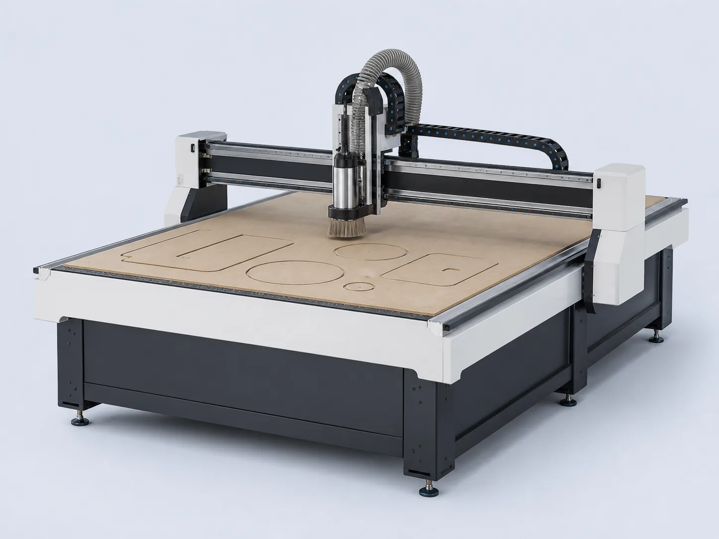 Ilustração de uma router CNC com mesa plana e cabeçote para usinagem